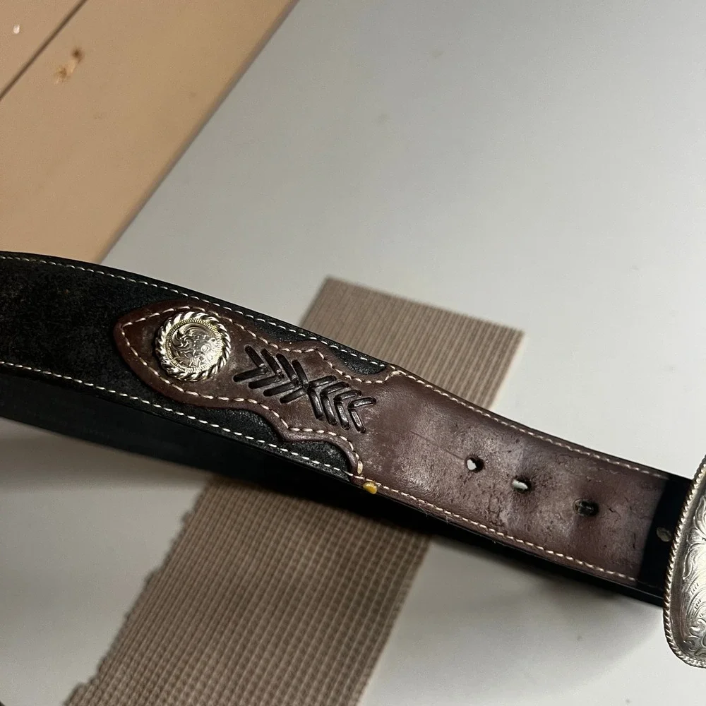 Nocona Mens Brown Leather Western Belt Woven Inlay Silver Concho Buckle Size 36